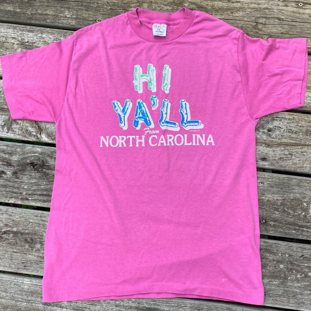 Vintage 90s Single Stitch Graphic Hi Ya'll NC T-Shirt Made in USA Size L Pink